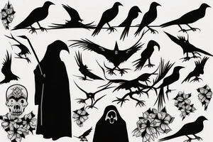 outline of grim reaper with crows in background tattoo idea