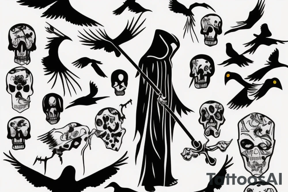 outline of grim reaper with crows in background tattoo idea