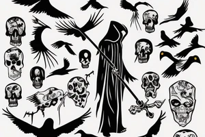 outline of grim reaper with crows in background tattoo idea