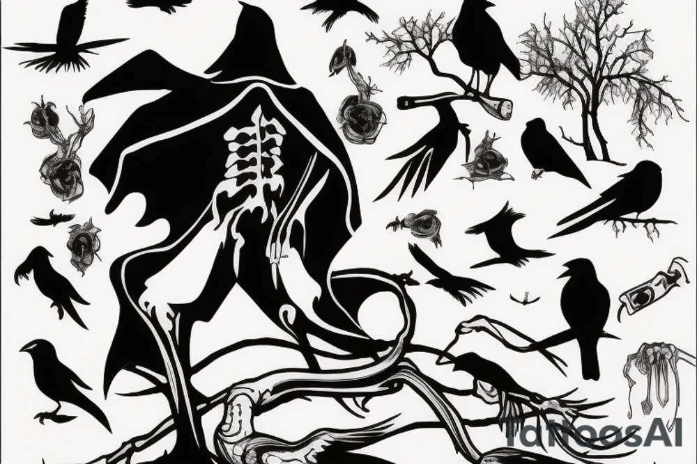 outline of grim reaper with crows in background tattoo idea