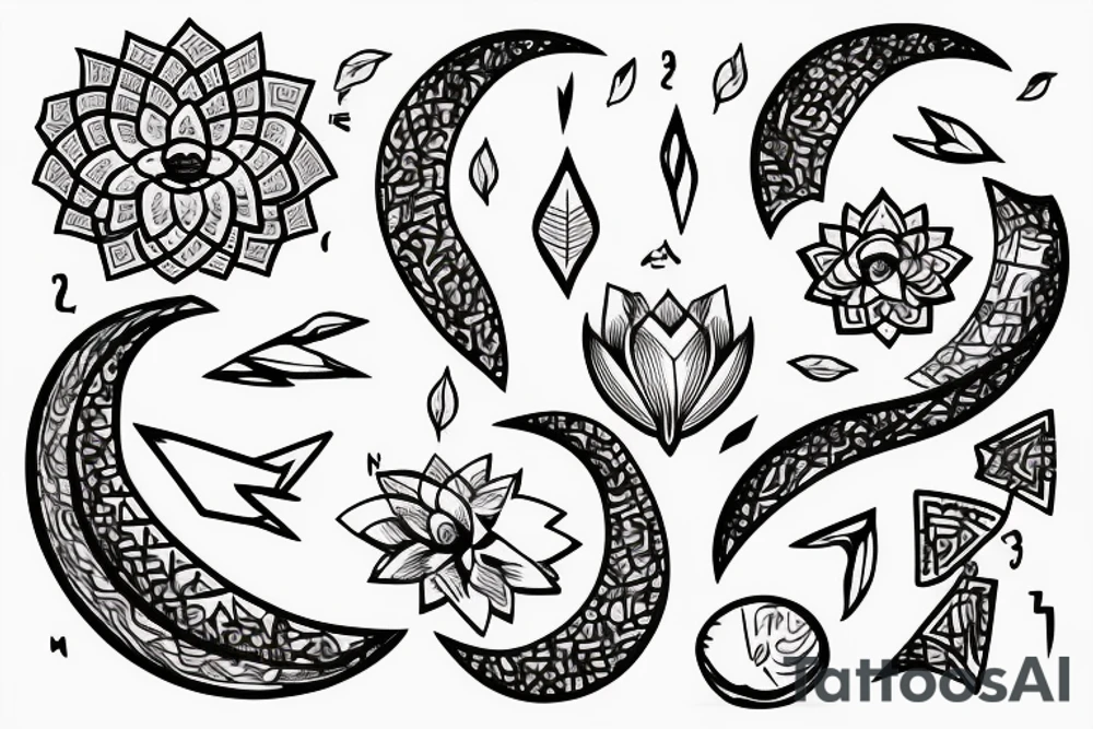 Lotus moon arrow vines tattoo idea