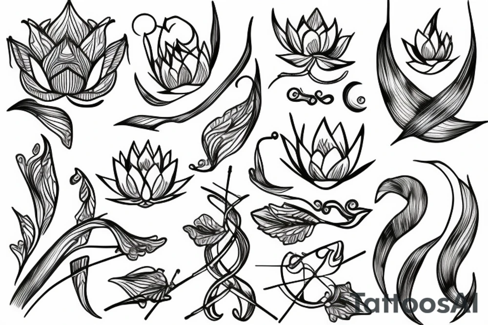 Lotus with moon and arrow vines tattoo idea