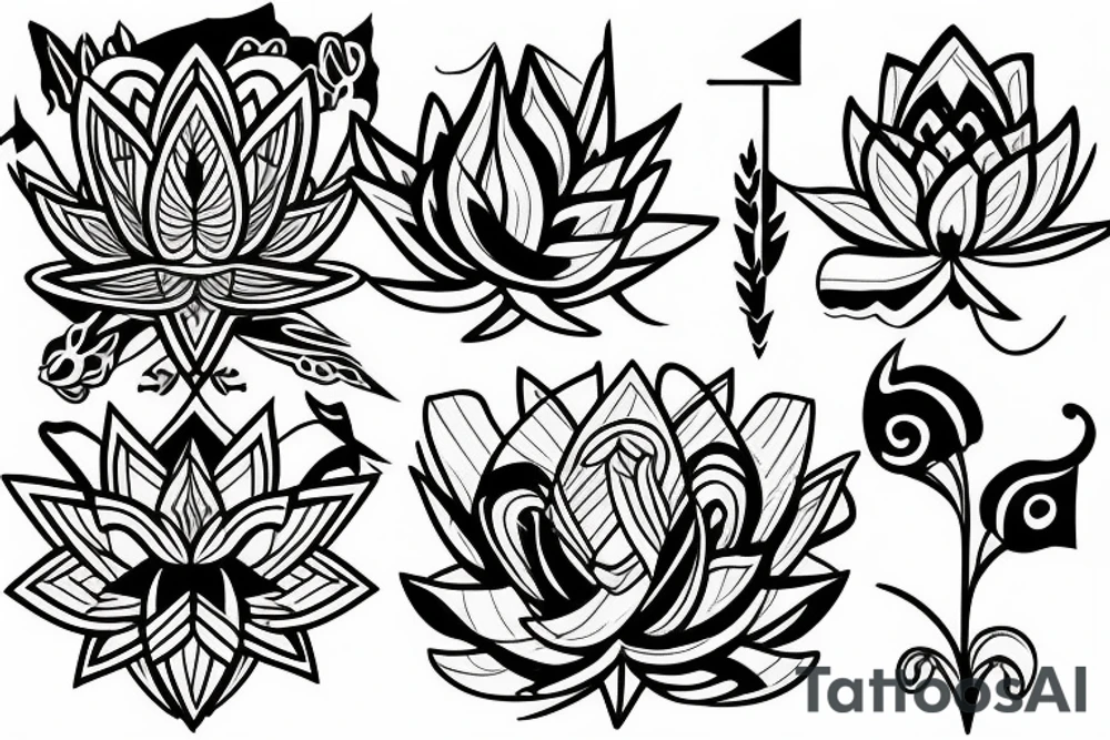Lotus with moon and arrow vines tattoo idea