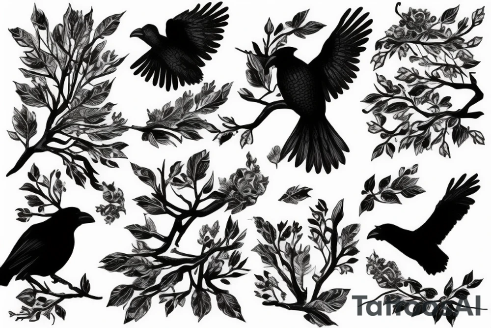 Crow on branch tattoo idea