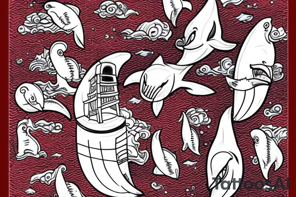 Evil lighthouse with sad dolphins in a blood red ocean tattoo idea