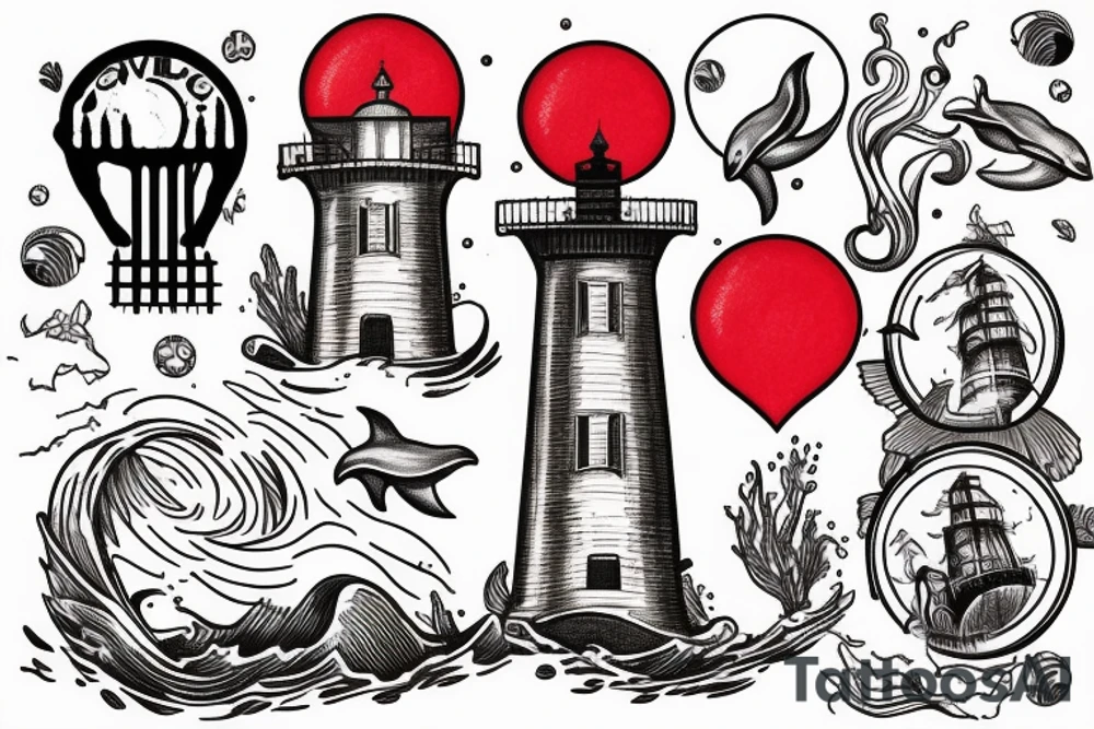 Evil lighthouse with sad dolphins in a blood red ocean tattoo idea