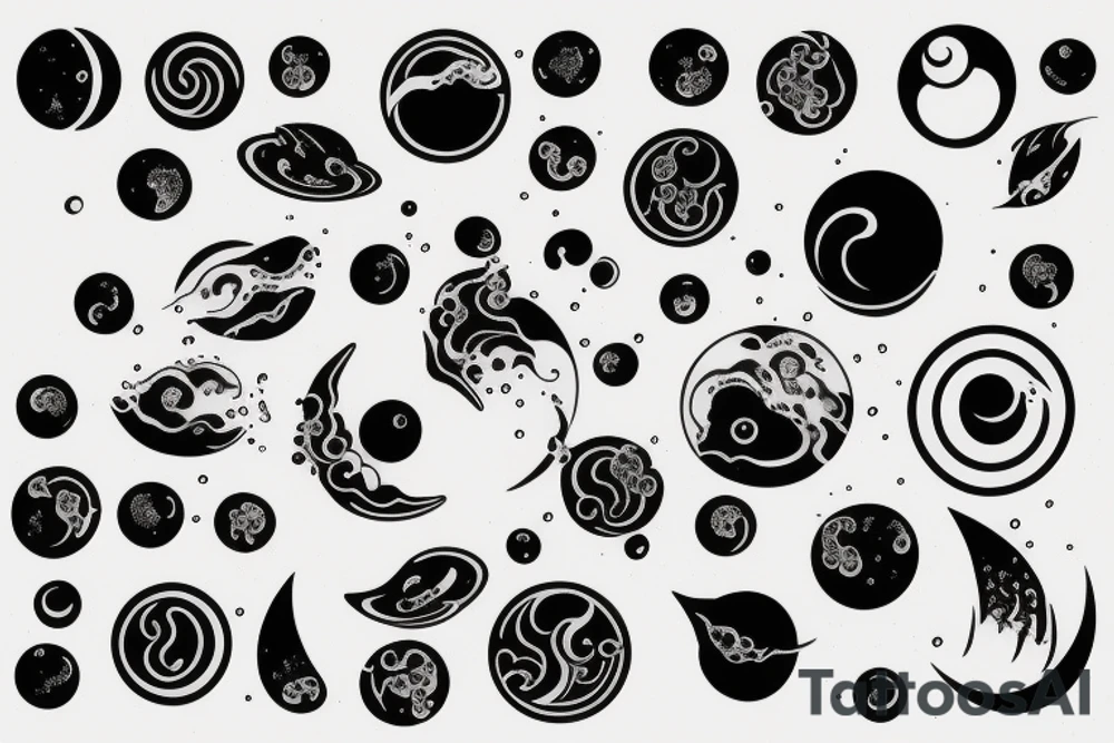 Yin and Yang symbol with water pouring out of it onto the moon and sun, balanced surrounded by space tattoo idea