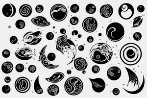 Yin and Yang symbol with water pouring out of it onto the moon and sun, balanced surrounded by space tattoo idea