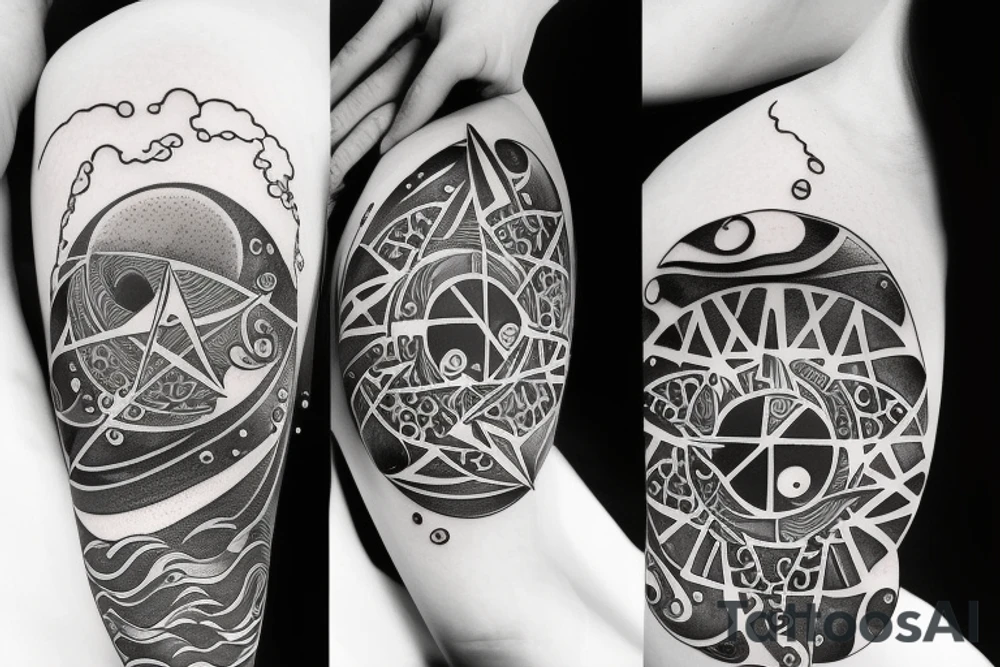 Yin and Yang symbol with water pouring out of it onto the moon and sun, balanced surrounded by space tattoo idea