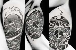 Yin and Yang symbol with water pouring out of it onto the moon and sun, balanced surrounded by space tattoo idea