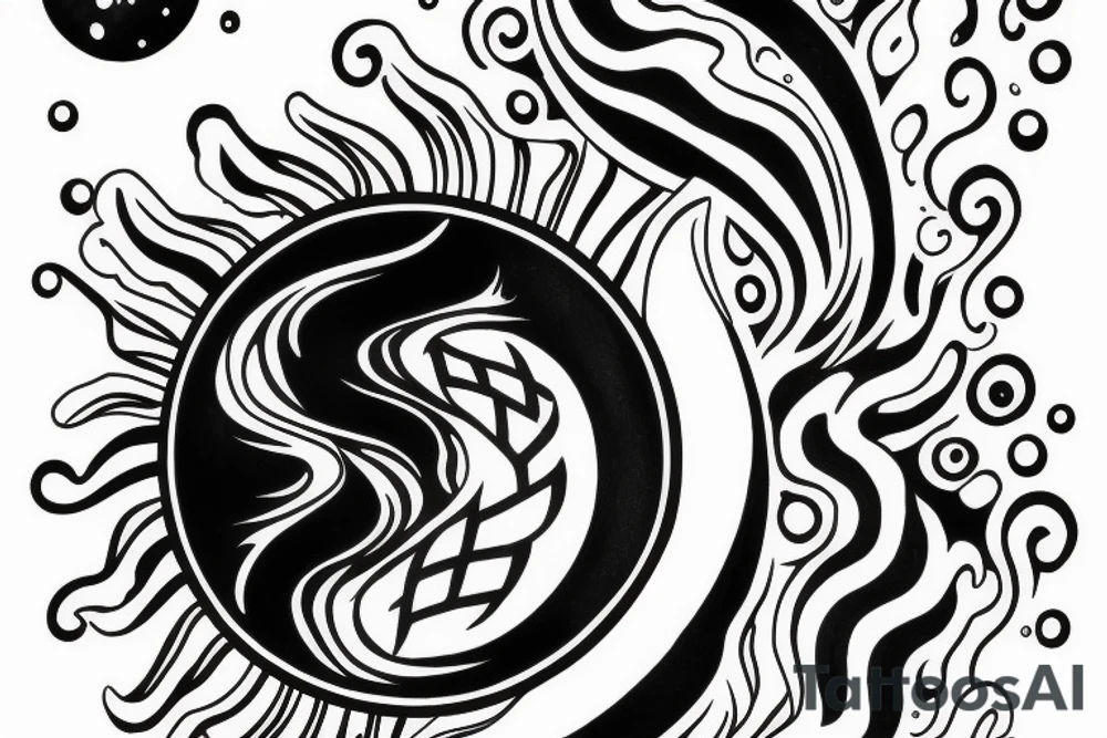 Yin and Yang symbol with water pouring out of it onto the moon and sun, balanced surrounded by space tattoo idea
