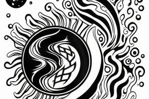 Yin and Yang symbol with water pouring out of it onto the moon and sun, balanced surrounded by space tattoo idea