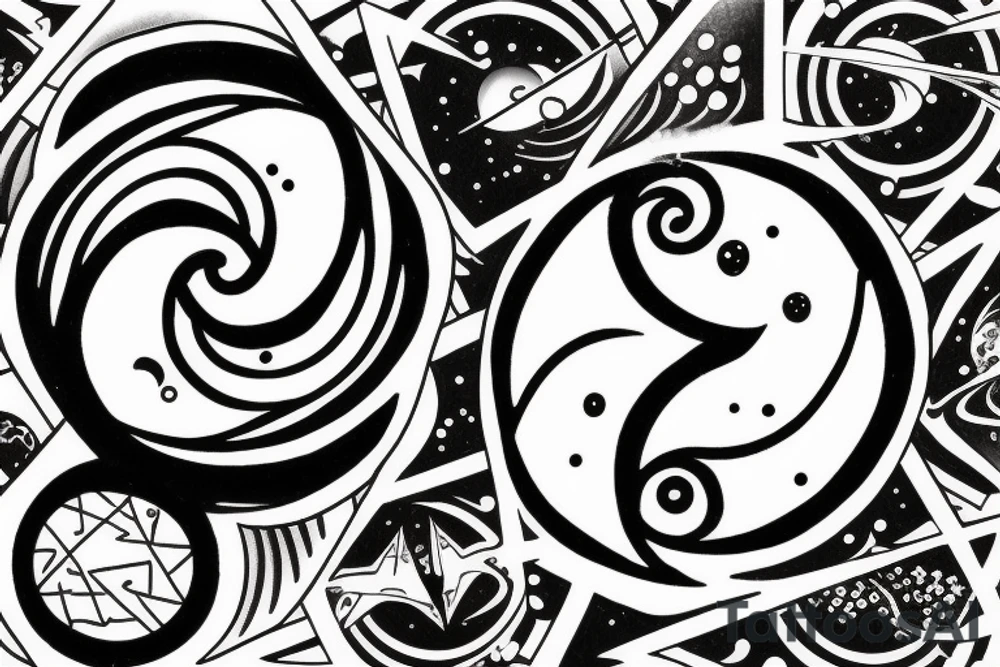 Yin and Yang symbol with water pouring out of it onto the moon and sun, balanced surrounded by space tattoo idea