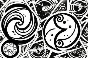 Yin and Yang symbol with water pouring out of it onto the moon and sun, balanced surrounded by space tattoo idea