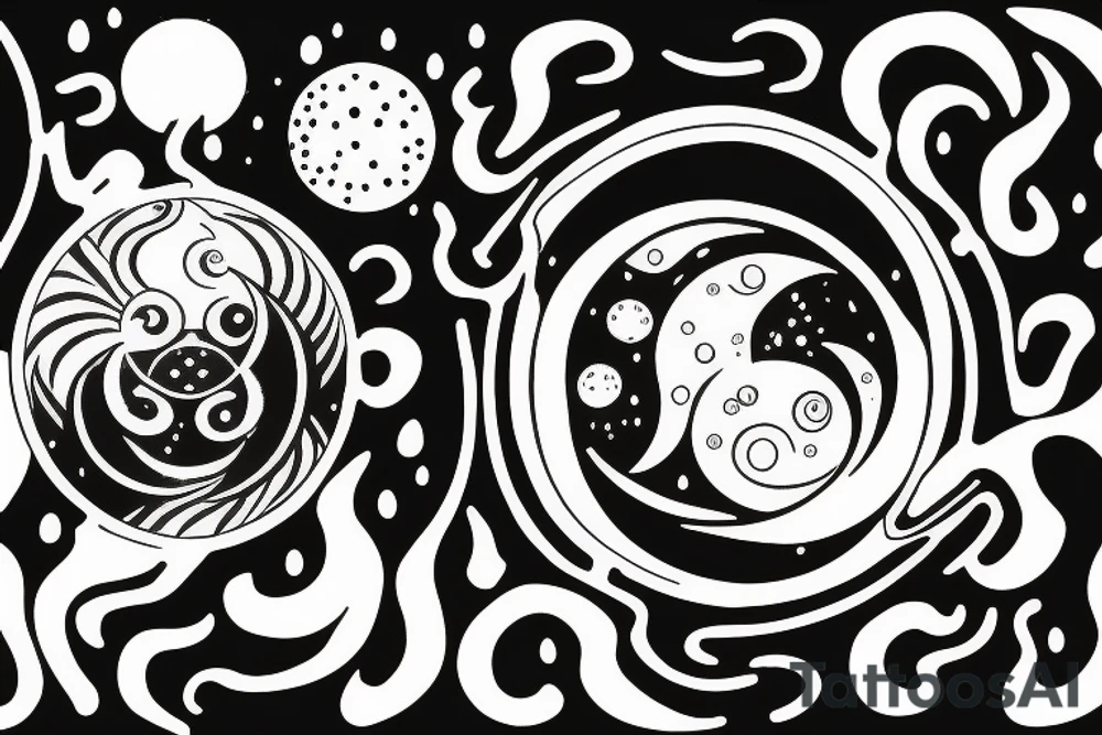 Yin and Yang symbol with water pouring out of it onto the moon and sun, balanced surrounded by space tattoo idea