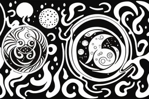 Yin and Yang symbol with water pouring out of it onto the moon and sun, balanced surrounded by space tattoo idea