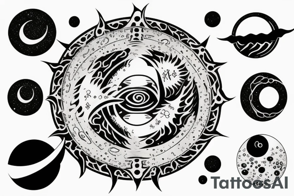 Yin and Yang symbol with water pouring out of it onto the moon and sun, balanced surrounded by space tattoo idea