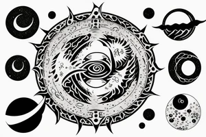Yin and Yang symbol with water pouring out of it onto the moon and sun, balanced surrounded by space tattoo idea
