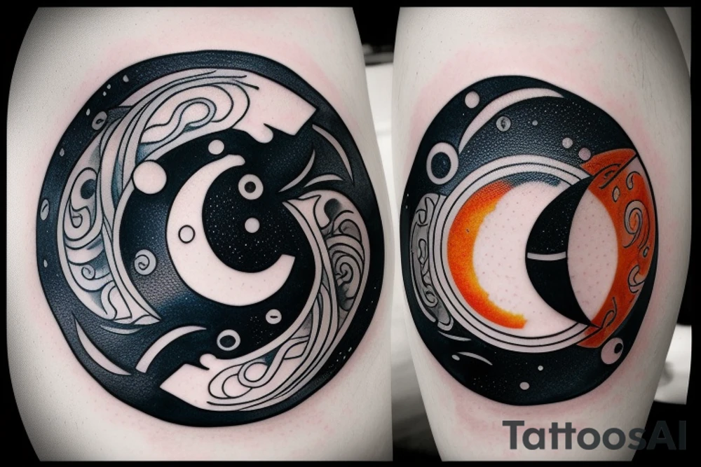 Yin and Yang symbol with water pouring out of it onto the moon and sun, balanced surrounded by space tattoo idea