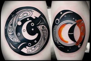 Yin and Yang symbol with water pouring out of it onto the moon and sun, balanced surrounded by space tattoo idea