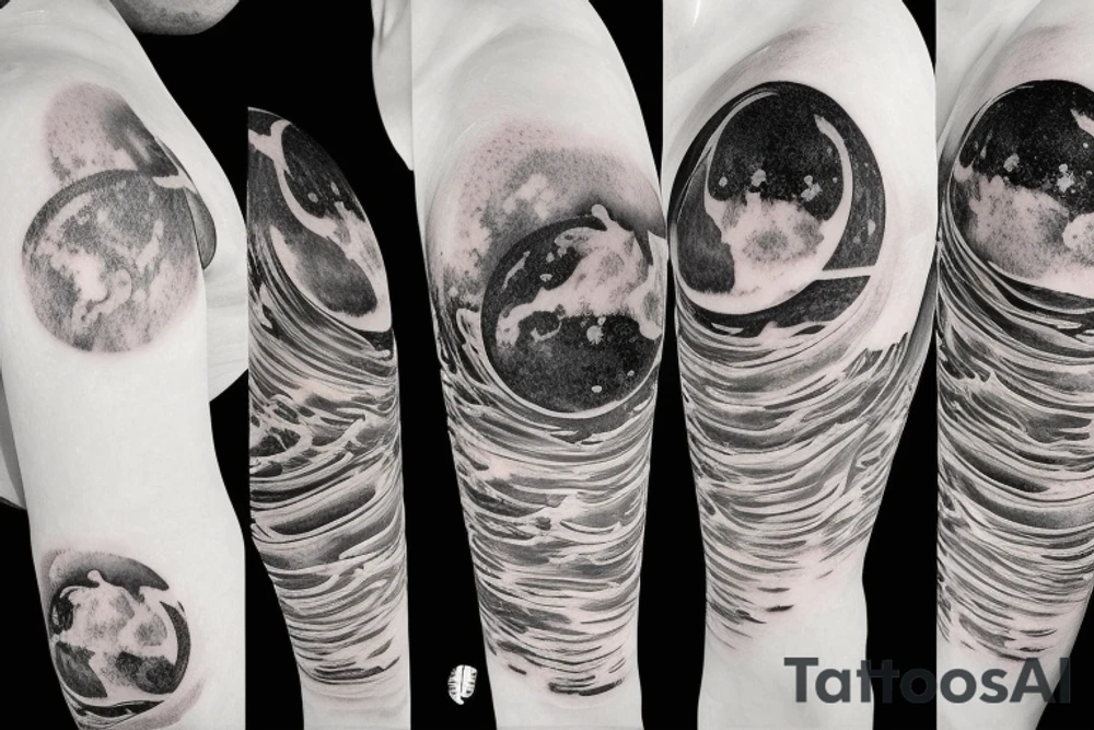 Yin and Yang symbol with water pouring out of it onto the moon and sun, balanced surrounded by space tattoo idea