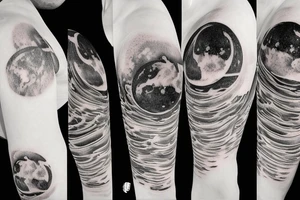 Yin and Yang symbol with water pouring out of it onto the moon and sun, balanced surrounded by space tattoo idea