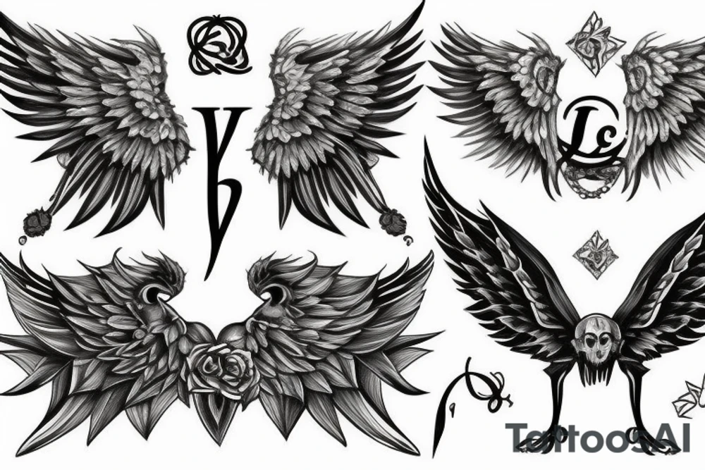 gothic style tattoo of alphabet V with wings tattoo idea