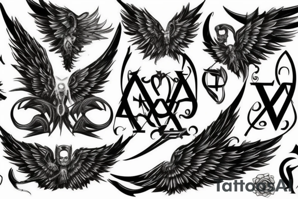 gothic style tattoo of alphabet V with wings tattoo idea