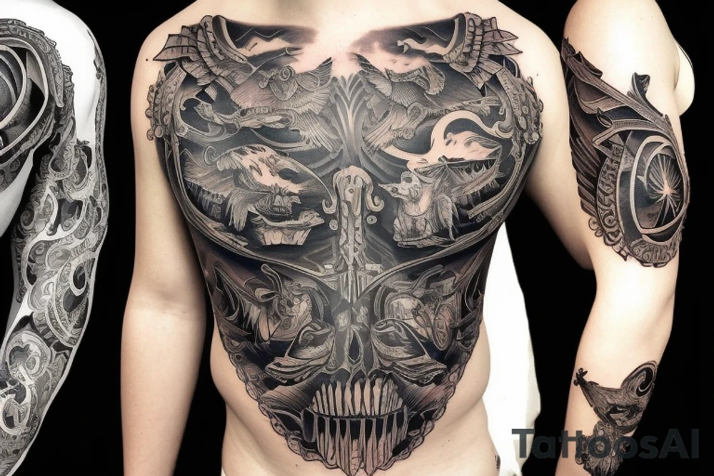 American Traditional black and western themed chest piece tattoo idea