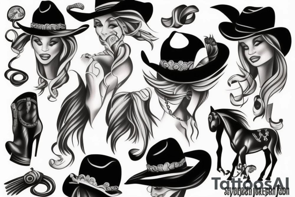 black and grey cowgirl tattoo idea