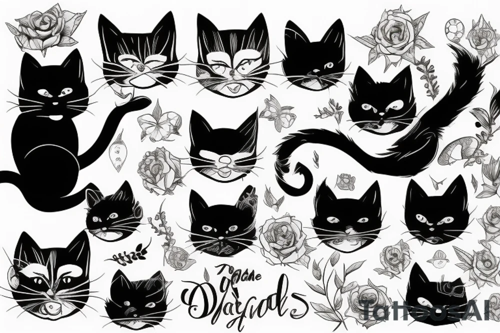 black cat, semi realistic, tattoo idea