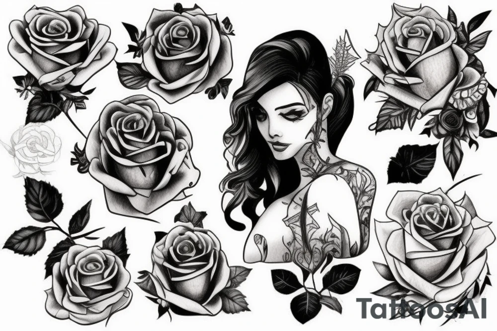 women placed on my forarm, holding a huge thorn rose that bends around to the other side of my arm tattoo idea