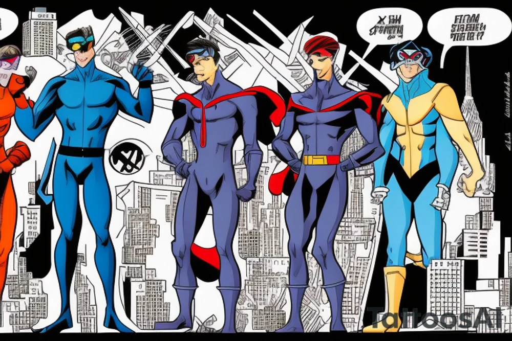 Gambit, iceman, and Nightcrawler from the marvel comic book “X-Men” on a roof top in New York City. tattoo idea