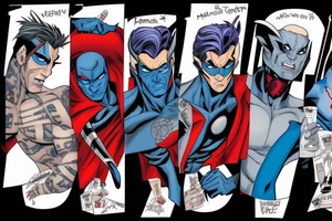 Gambit, iceman, and Nightcrawler from the marvel comic book “X-Men” on a roof top in New York City. tattoo idea