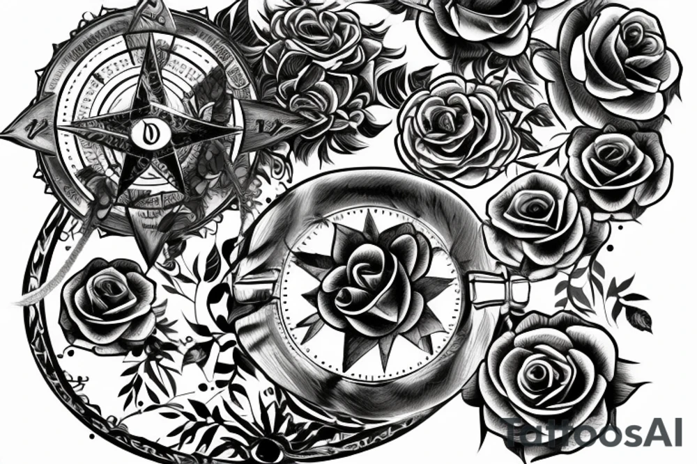 compass with roses and a lion tattoo idea
