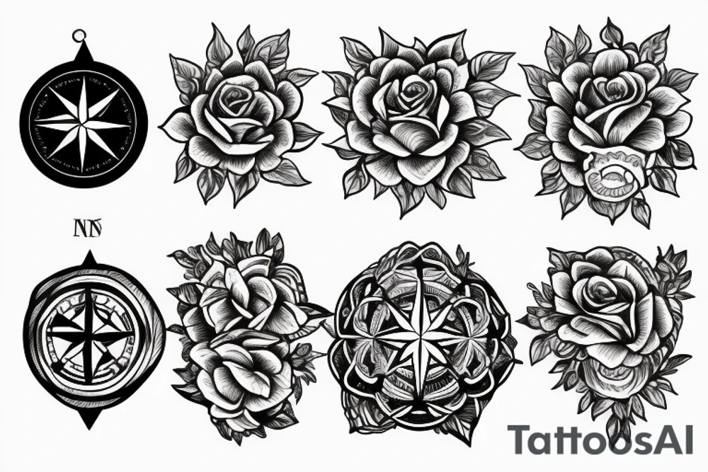 compass with roses and a lion tattoo idea