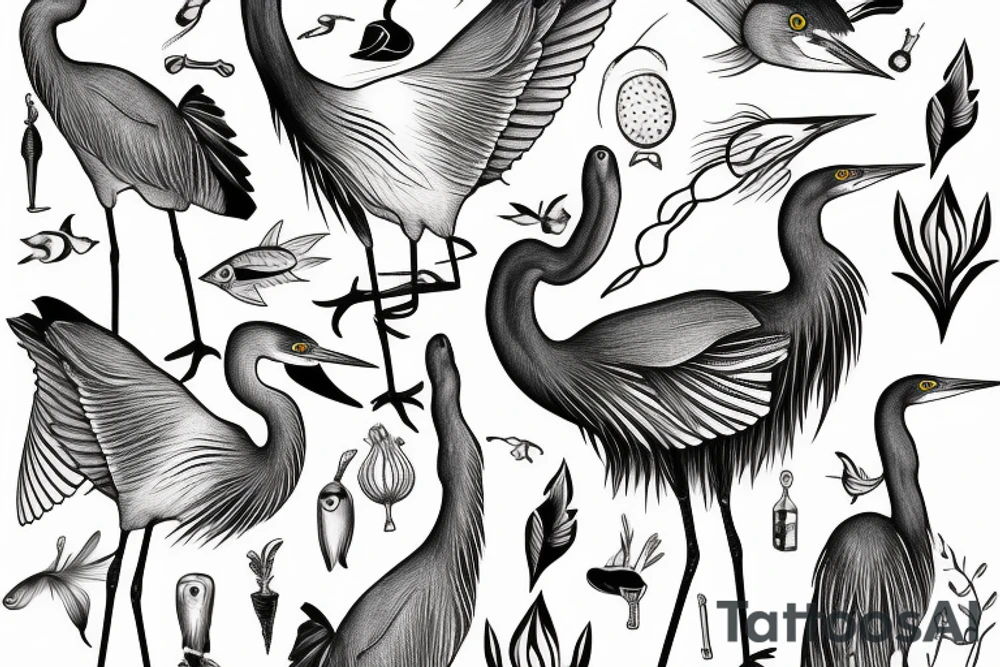 Blue heron holding fish tattoo idea