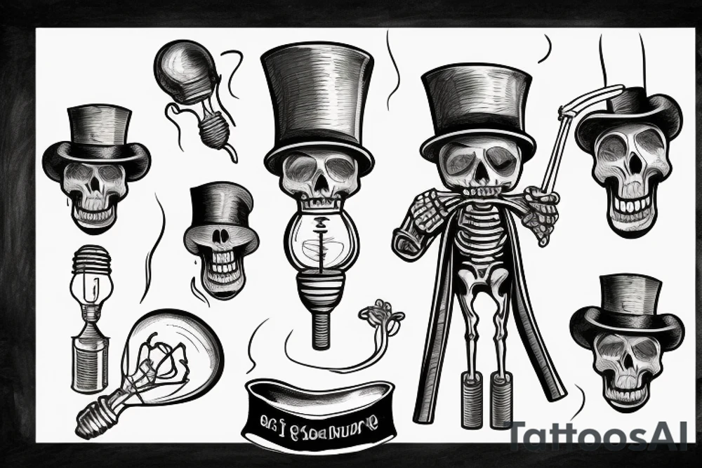 Skeleton holding a light bulb wearing a stovepipe hat and smoking a cigar tattoo idea