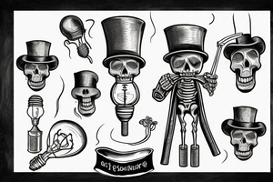 Skeleton holding a light bulb wearing a stovepipe hat and smoking a cigar tattoo idea