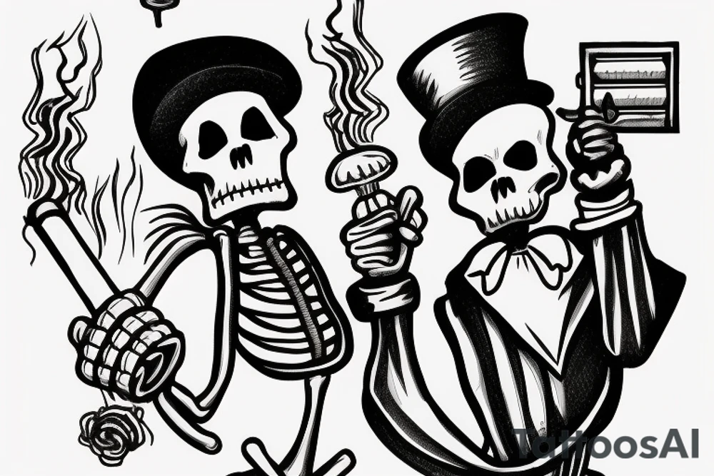 Skeleton holding a light bulb wearing a stovepipe hat and smoking a cigar tattoo idea