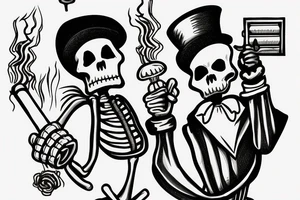 Skeleton holding a light bulb wearing a stovepipe hat and smoking a cigar tattoo idea
