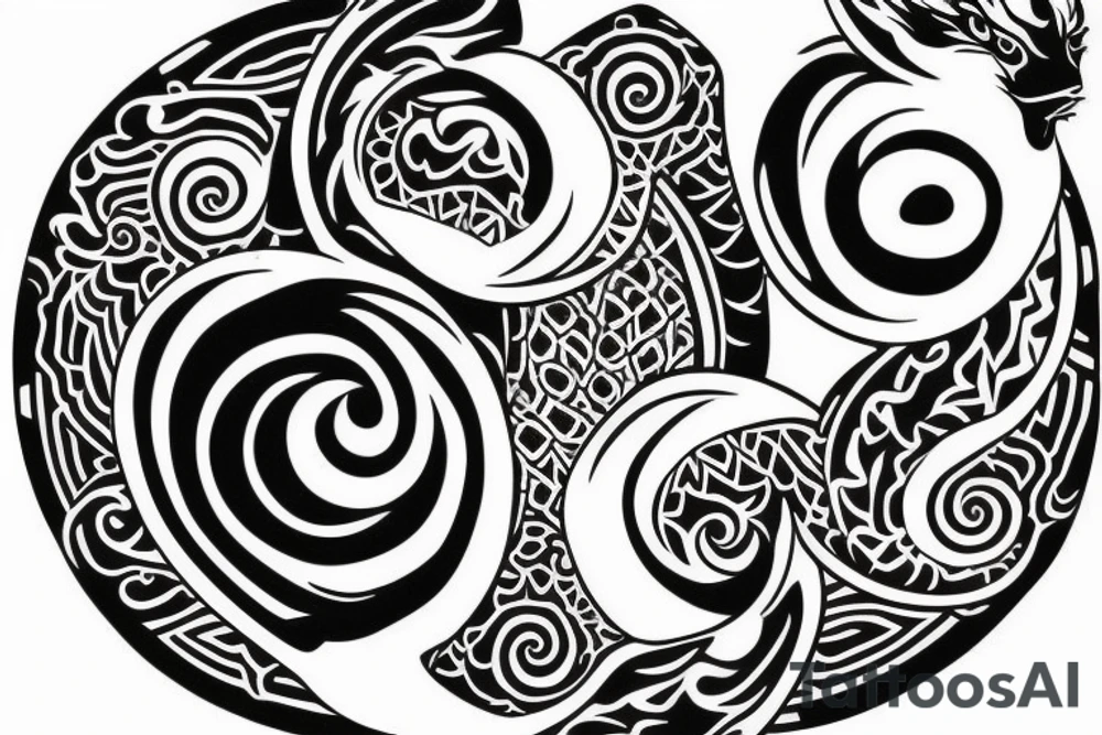 shoulder tattoo of ying yang with mandala around and dragon on top and tiger on bottom tattoo idea