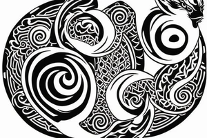 shoulder tattoo of ying yang with mandala around and dragon on top and tiger on bottom tattoo idea