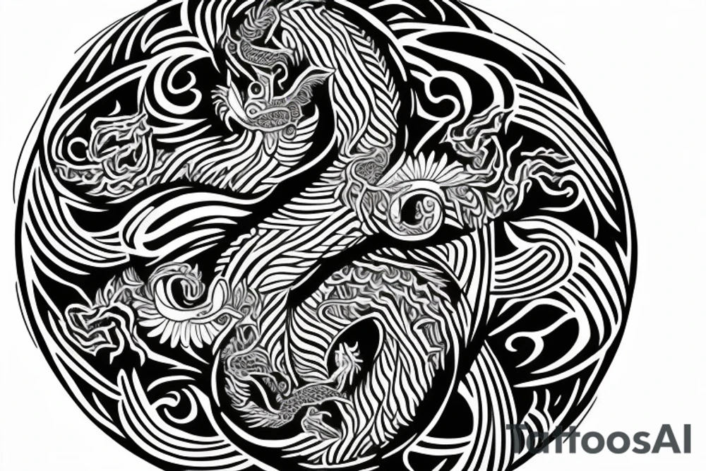 shoulder tattoo of ying yang with mandala around and dragon on top and tiger on bottom tattoo idea