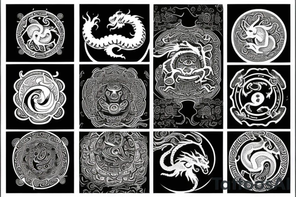 ying yang with mandala around and dragon on top and tiger on bottom tattoo idea