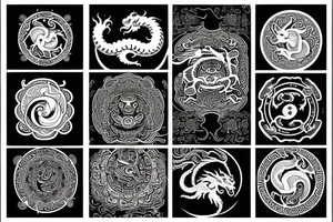 ying yang with mandala around and dragon on top and tiger on bottom tattoo idea