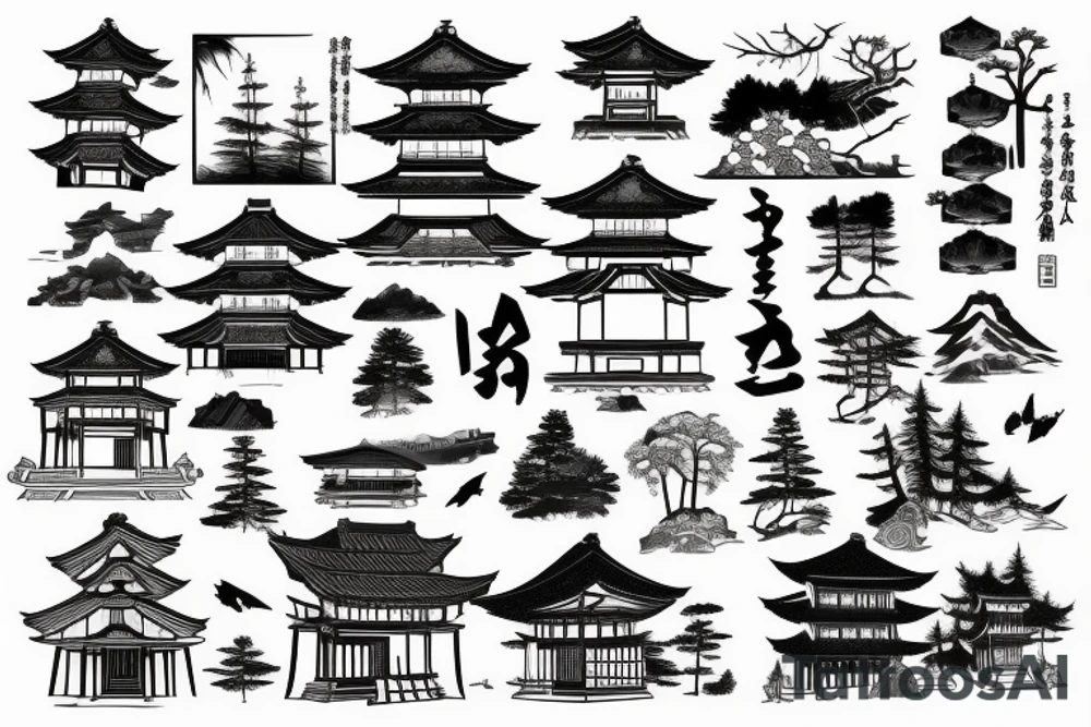 Old abandoned Japanese temple hidden in forest surrounded by nature tattoo idea