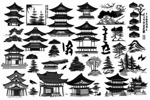 Old abandoned Japanese temple hidden in forest surrounded by nature tattoo idea