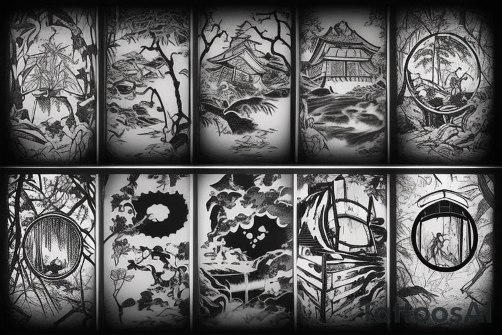 Old abandoned Japanese temple hidden in forest surrounded by nature tattoo idea