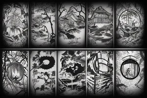 Old abandoned Japanese temple hidden in forest surrounded by nature tattoo idea